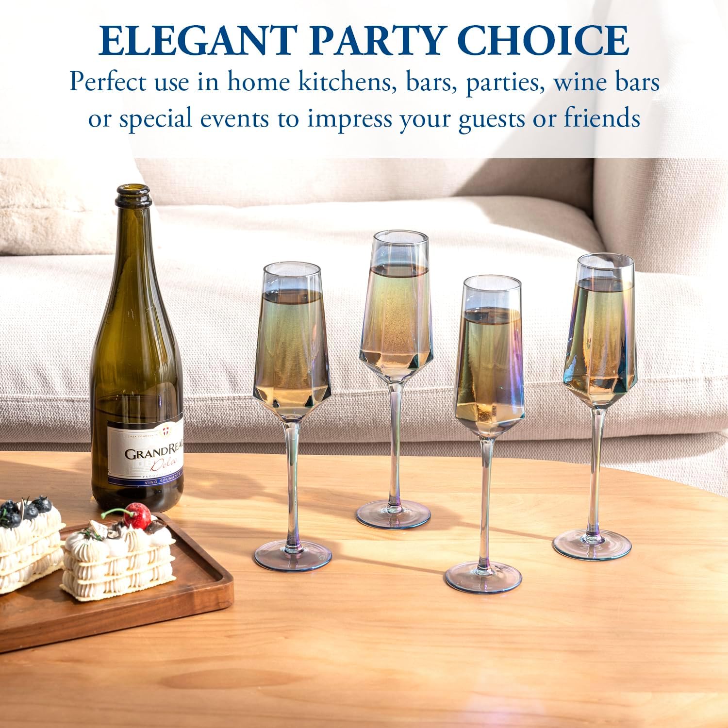 MyGift Modern Iridescent Blue Glass Stemmed Champagne Flutes with Geometric Bowl, Sparkling Wine Toasting Glasses for Drinking Prosecco Cocktails Mimosa, Stemware Set of 4