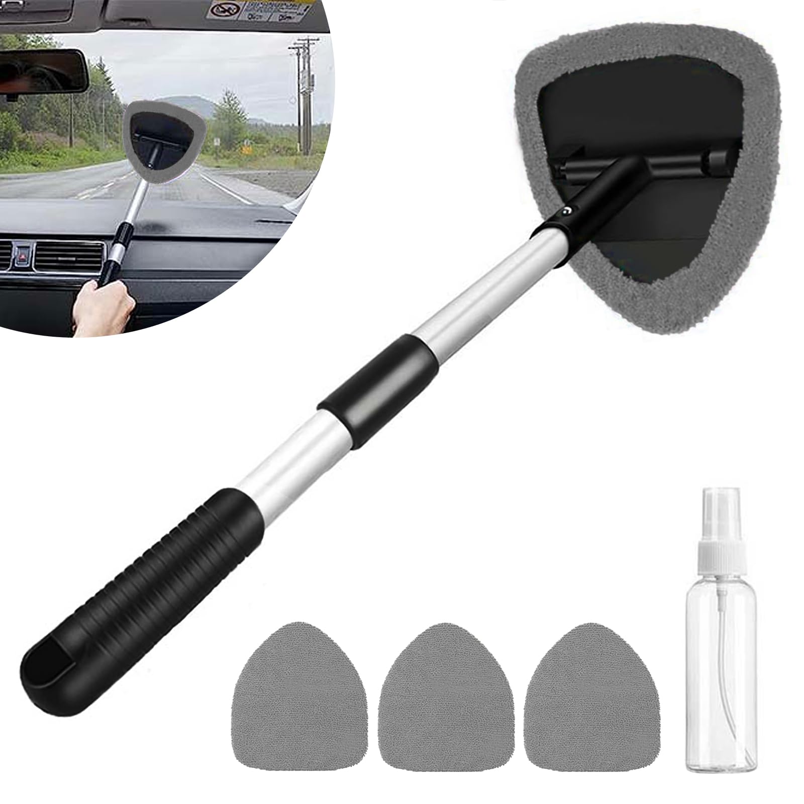 Car Glass Cleaner Wiper,Car Windshield Cleaning Tool, Microfiber Car Window Cleaner with Extendable Handle,Auto Glass Wiper Kit(Gray Triangle)