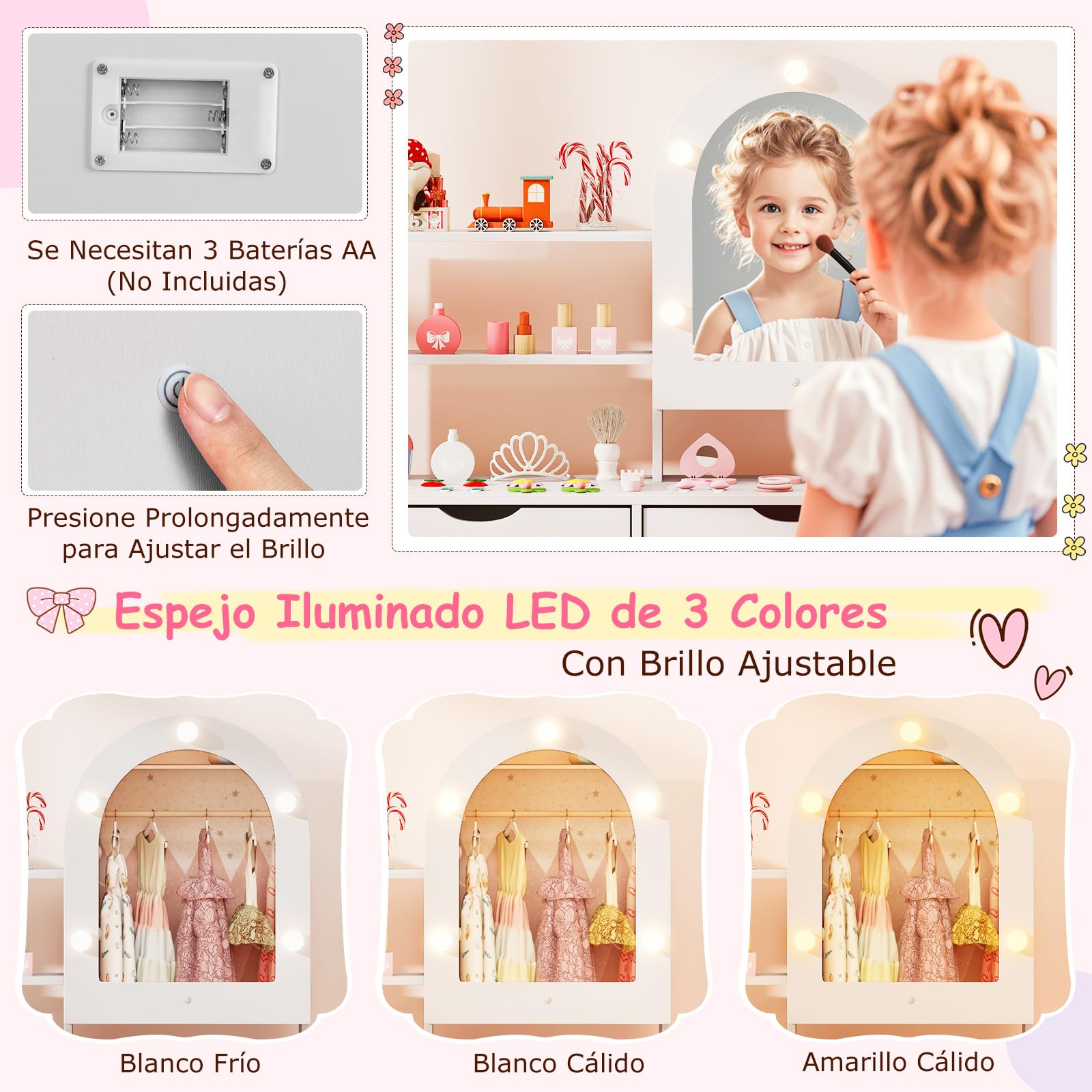 COSTWAY Tocador de Maquillaje Niña, Tocador Niña Madera con Espejo Iluminado, Estantes Abiertos y Cajones de Almacenamiento, Juego de Mesa de Maquillaje Estilo Conejito para Niños de 3+ Años (Blanco)