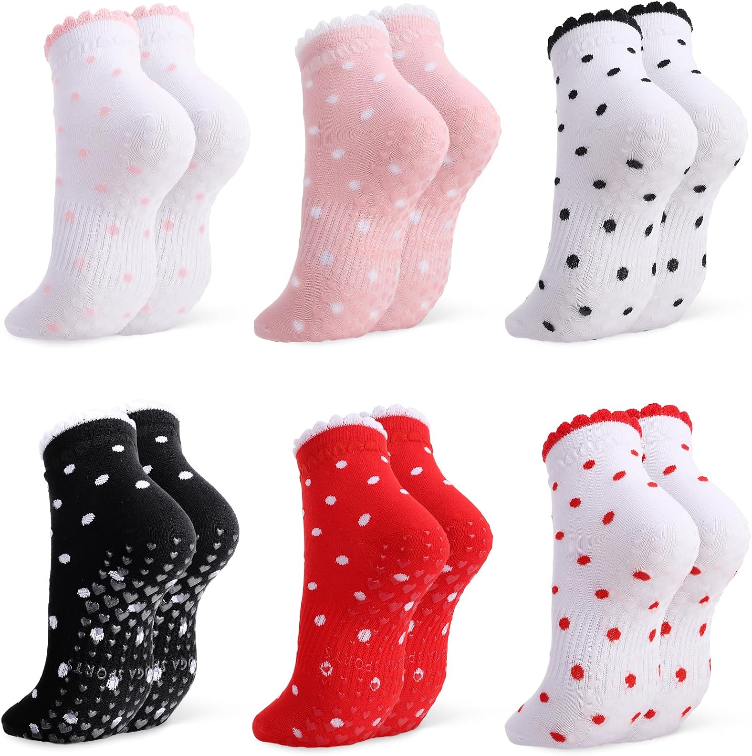 Cute Polka Dot Pilates Socks for Women, Non-Slip Grip Ruffle Yoga Socks for Barre Daily Wear Dance Workout