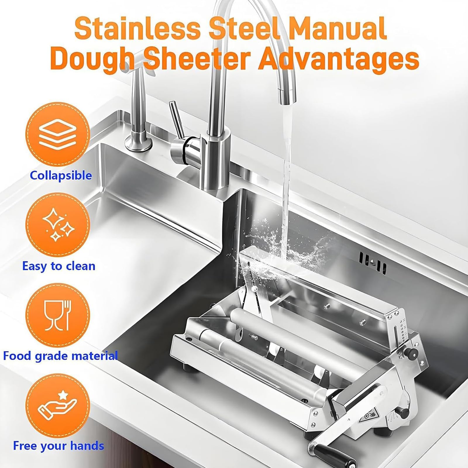 Faltbare Teigausrollmaschine mit Ausrollbrett, manuelle Teigausrollmaschine aus Edelstahl, einstellbare Teigstärke von 0–25 mm, geeignet für Pasta, Croissants und Nudeln A300