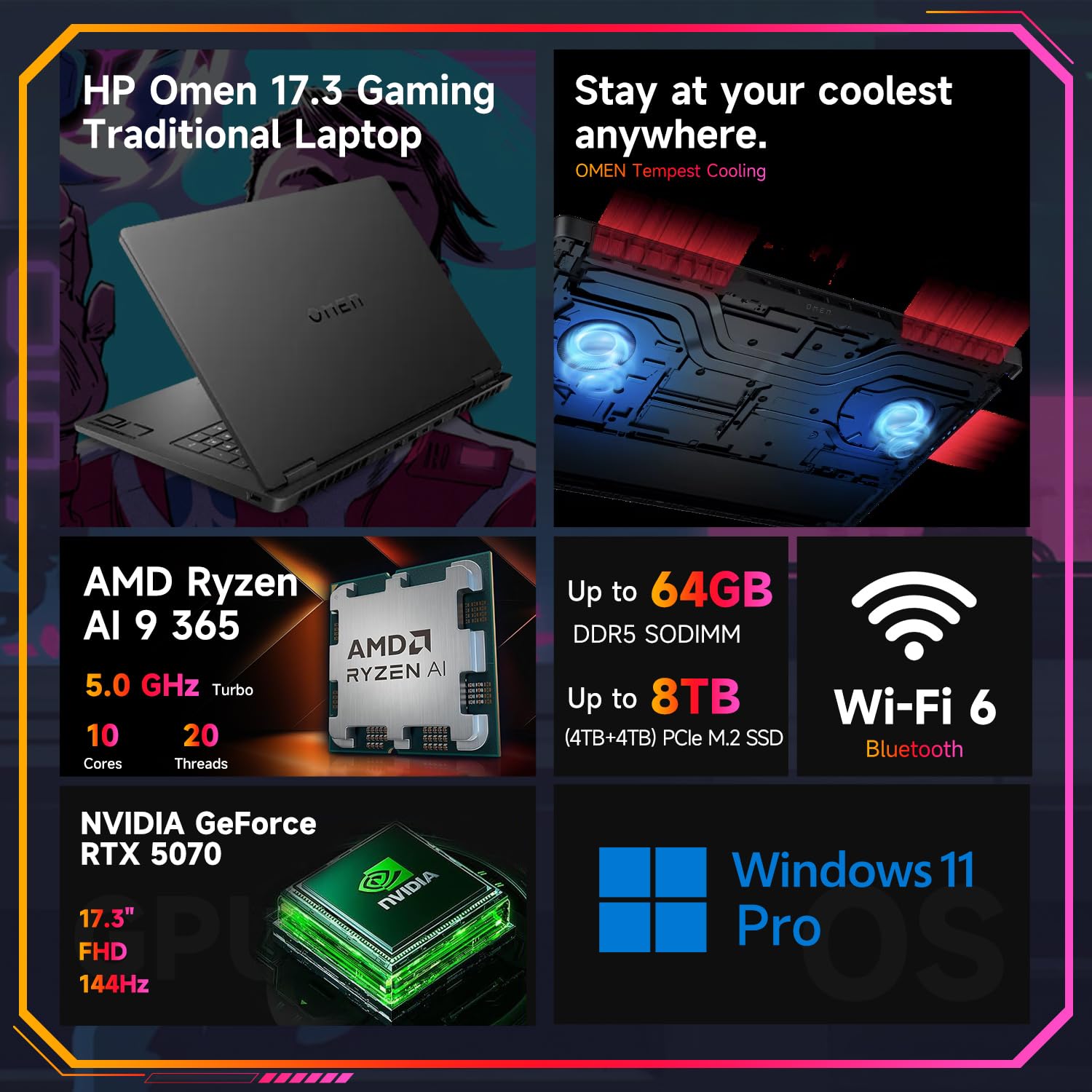 HP OMEN 17.3 RTX 5070 AI Pro Gaming Laptop, 17.3" FHD 144Hz, AMD Ryzen AI 9 365, NVIDIA RTX 5070, 64GB DDR5 RAM, 2TB SSD, RGB Backlit KB, Low Blue Light, Bundle with SD620-512GCBL