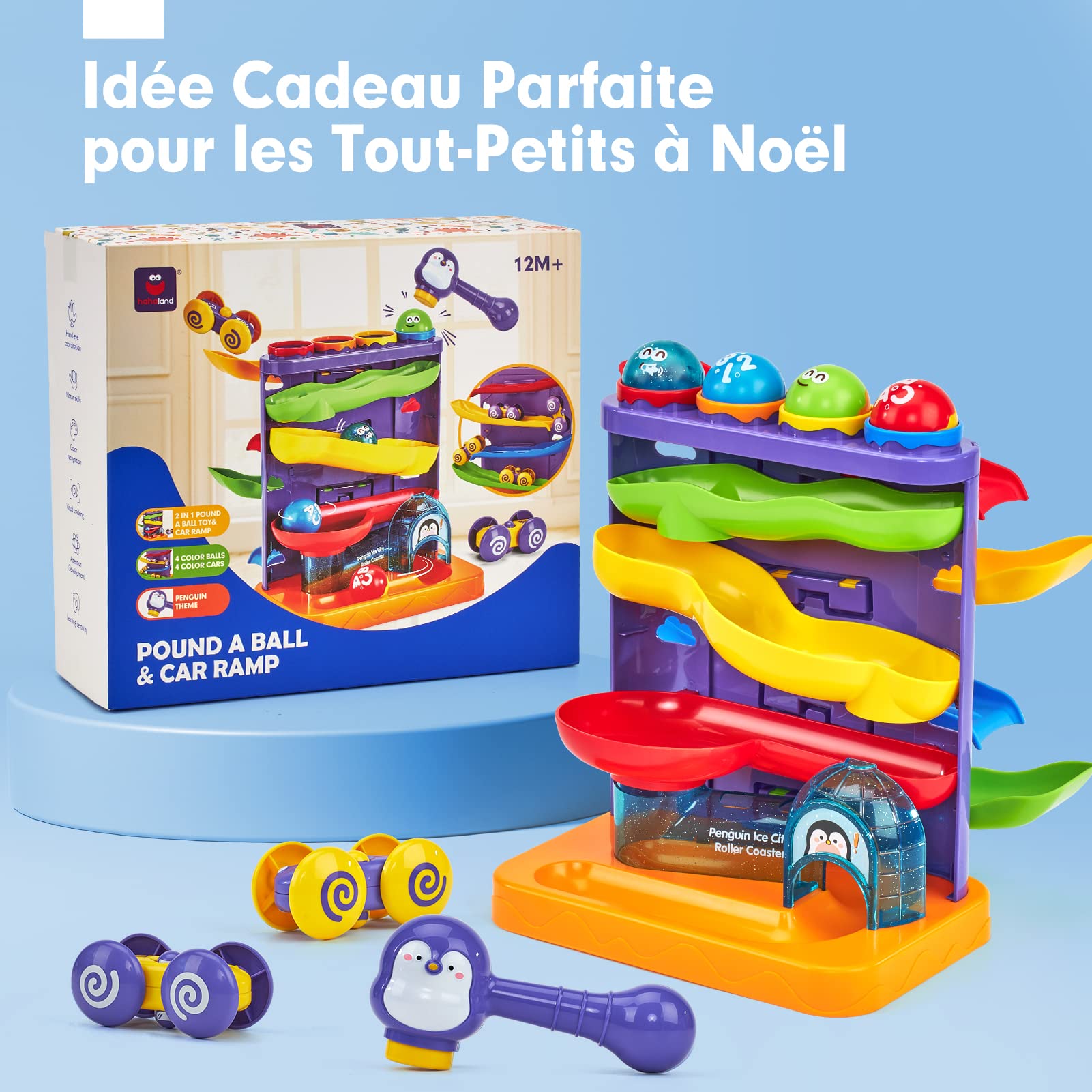 Jouet Bebe 1 an 2 En 1 Circuit Voiture & Pound A Ball Jouet Enfant 1 2 Ans avec Marteau et Balle, Jouets Éveil Montessori pour Garçon Fille 1 2 3 Ans