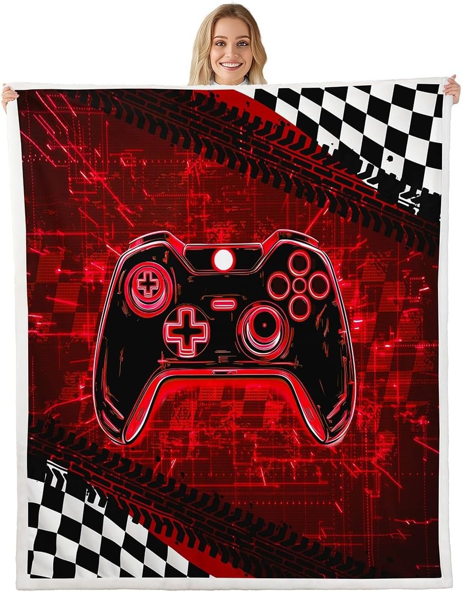 Erosebridal Red Gamer Throw Blanket for Boys,3D Cool Gaming Throw 50"X60" Fleece Blankets for Boys Kids Gamer Room Decor,Video Game Sherpa Blankets Racing Competition Flag Geometric Fuzzy Blanket