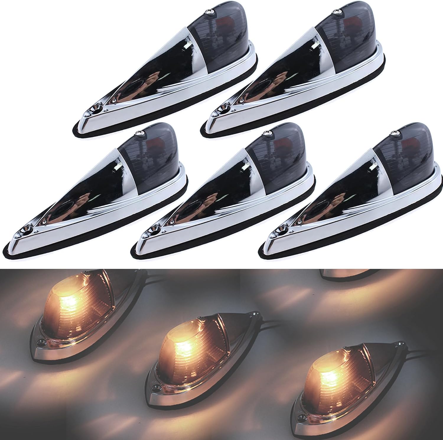Universal Smoke Lens Amber Light Teardrop Style 5pcs Cab Marker Top Roof Running Lights, Replacement for Kenworth, Peterbilt, Freightliner, Mack, Western Star Trucks and Trailers
