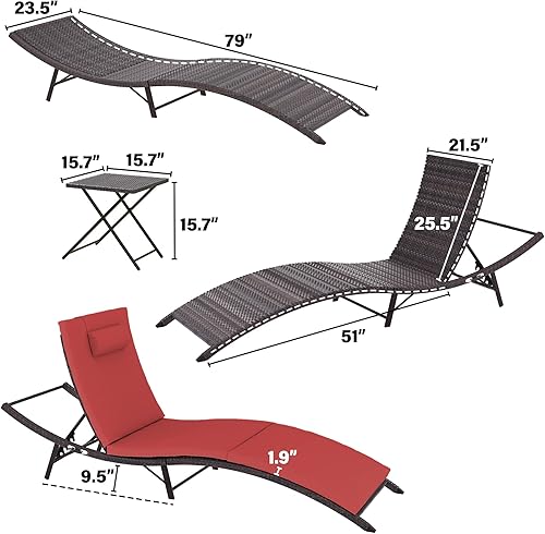 Miniatura 7 de Gotland Sillas de salón para exteriores, 3 piezas, tumbona de patio con respaldo ajustable, mesa plegable de ratán, juego de 3 para piscina, patio,