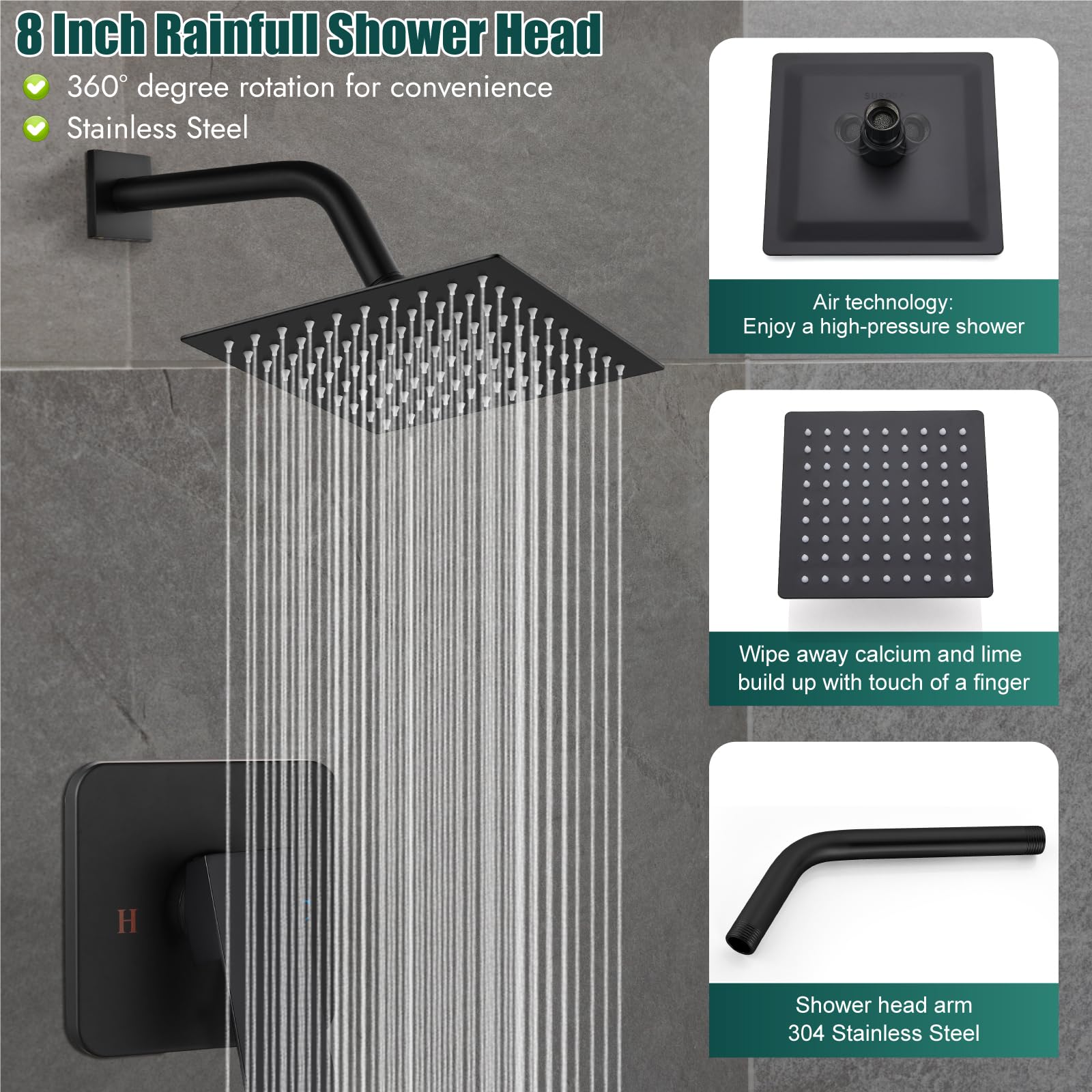 Set di soffione e maniglia doccia da 8 pollici, set di rubinetto doccia quadrato, set di rubinetto doccia a pioggia per bagno, soffione doccia in acciaio inossidabile, kit di finitura doccia monofun