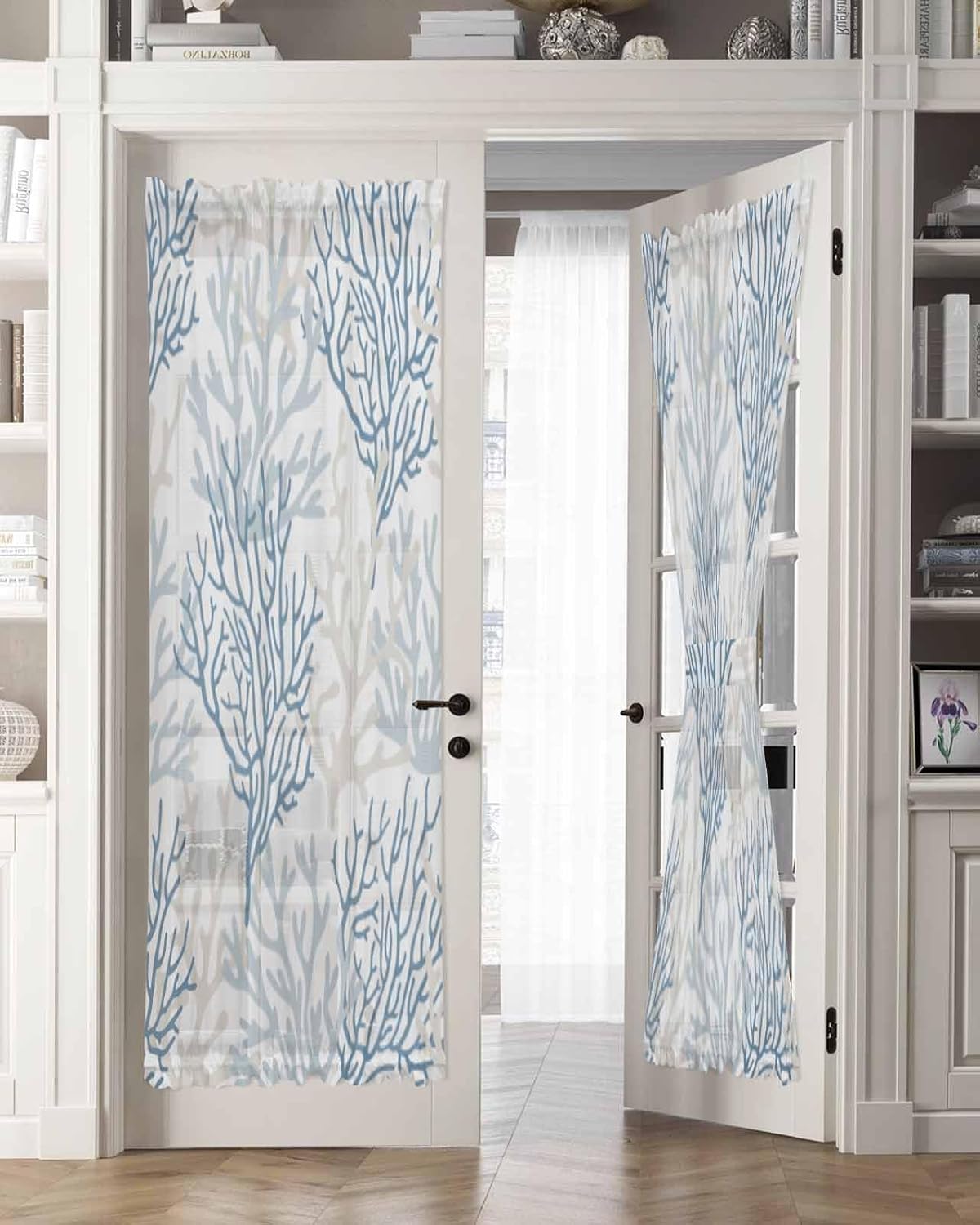 Coastal Coral French Door Curtain, Sheer Door Curtains for Door Window Curtains Rod Pocket Sidelight Curtains for Front Sliding Door with Tieback 1 Panel, Ombre Blue Gray Nautical Ocean, 25W X 72L
