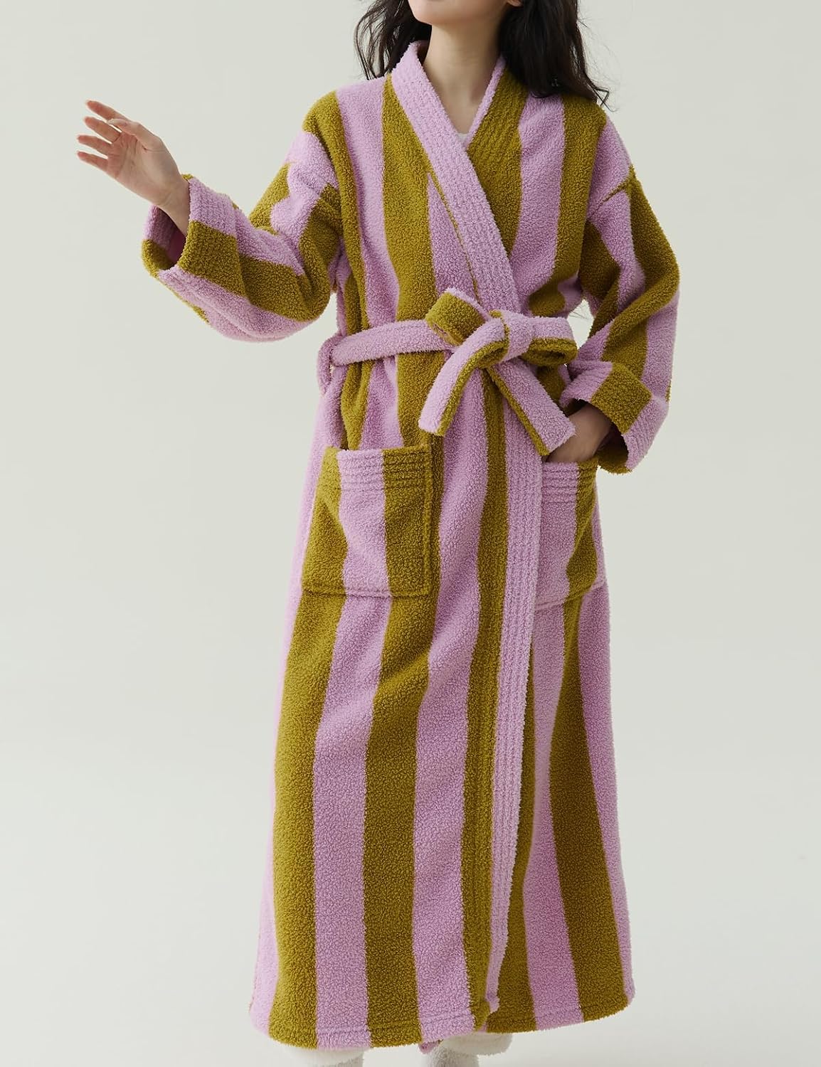 Women's Striped Plush Robe Long Soft Fluffy Bathrobe