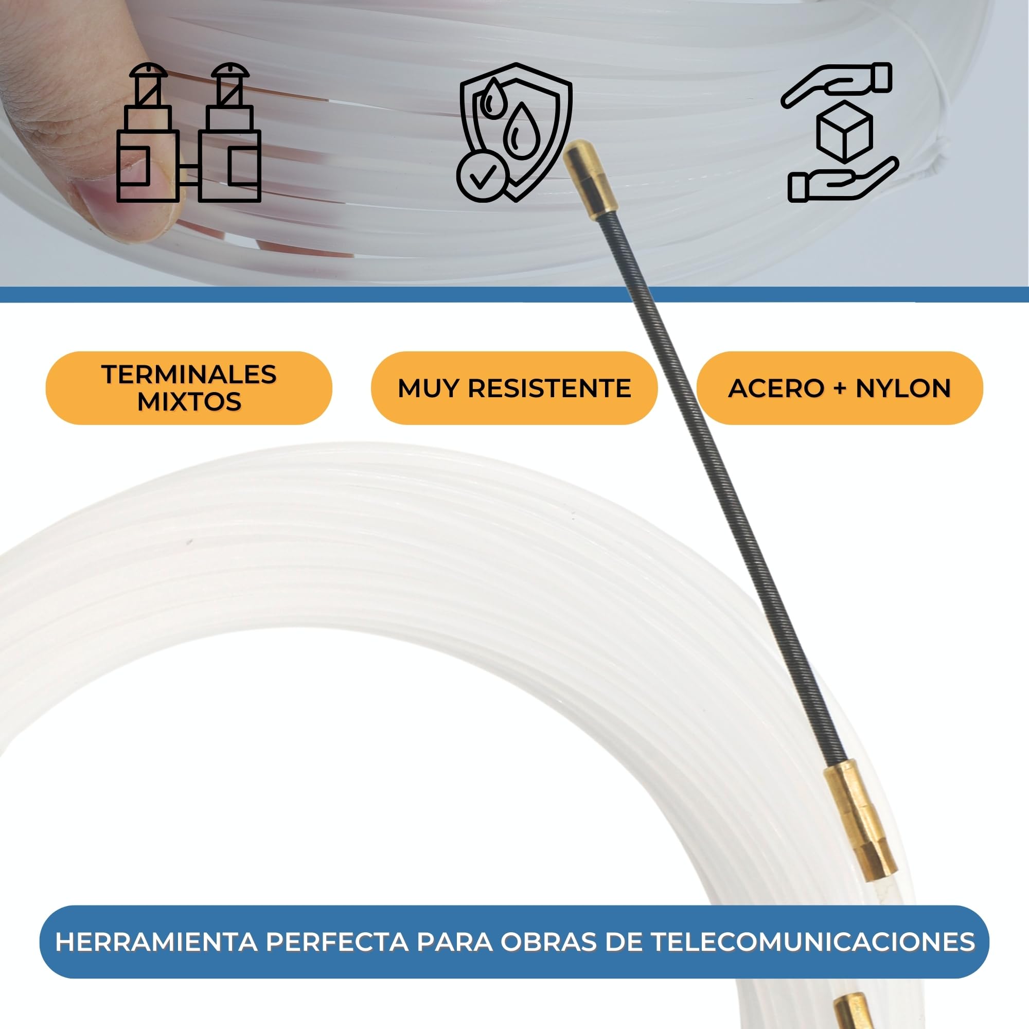 TECHZOCO Guía Pasacables de nylon, Pasacables de Nylon, Guía de Cableado Flexible, Tiracables de Nylon, Guía para Instalación Cables, Terminales Mixtos, Acero + Nylon, diámetro 3 mm x 5 metro largo