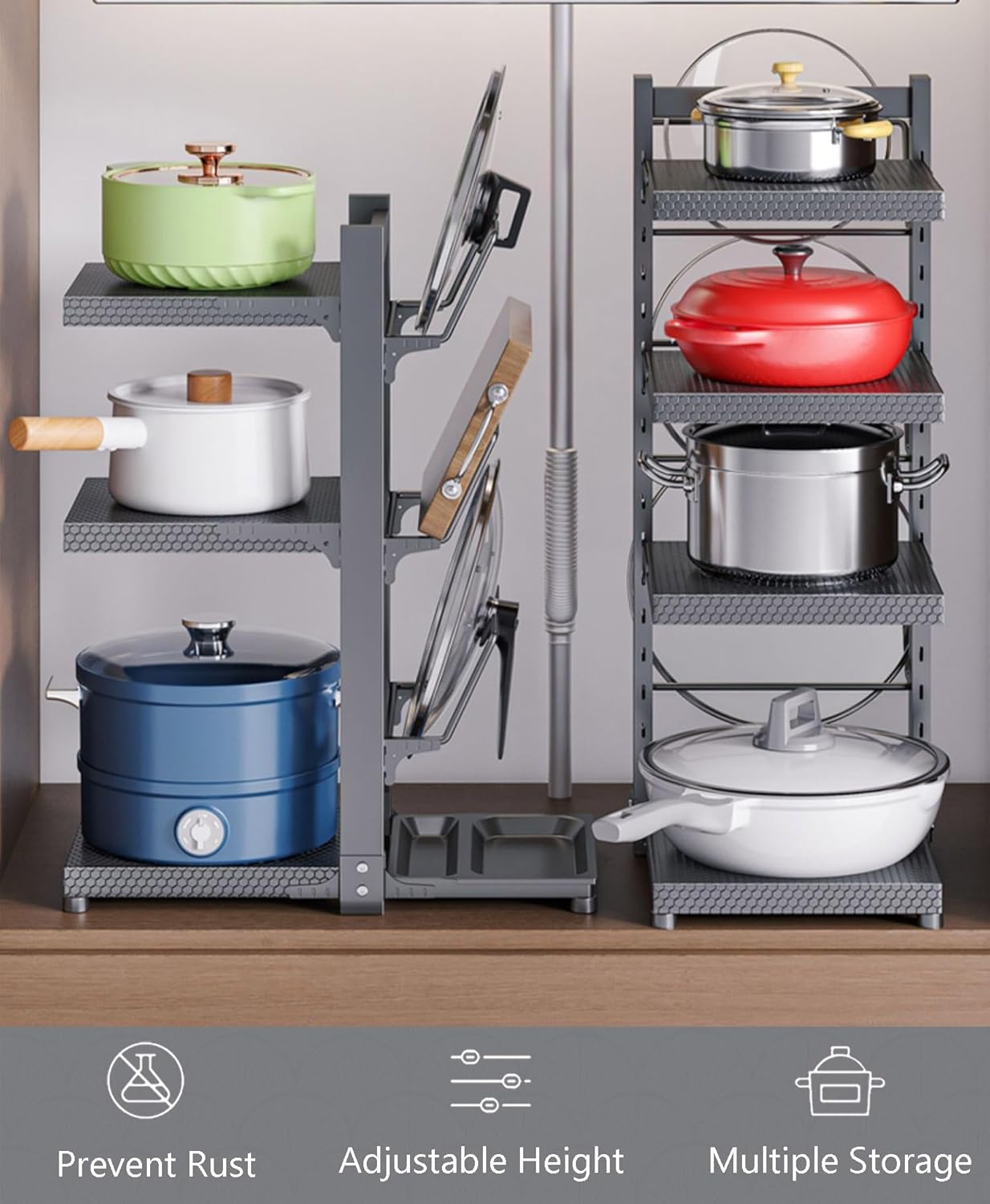 Adjustable Pot & Pan Organizer Rack for Cabinet, Pot Lid Organizer Under Sink with Drain Pan, Heavy Duty Snap-on Cookware Stand, Kitchen Floor Pot Rack(One Color B) (One Color A)