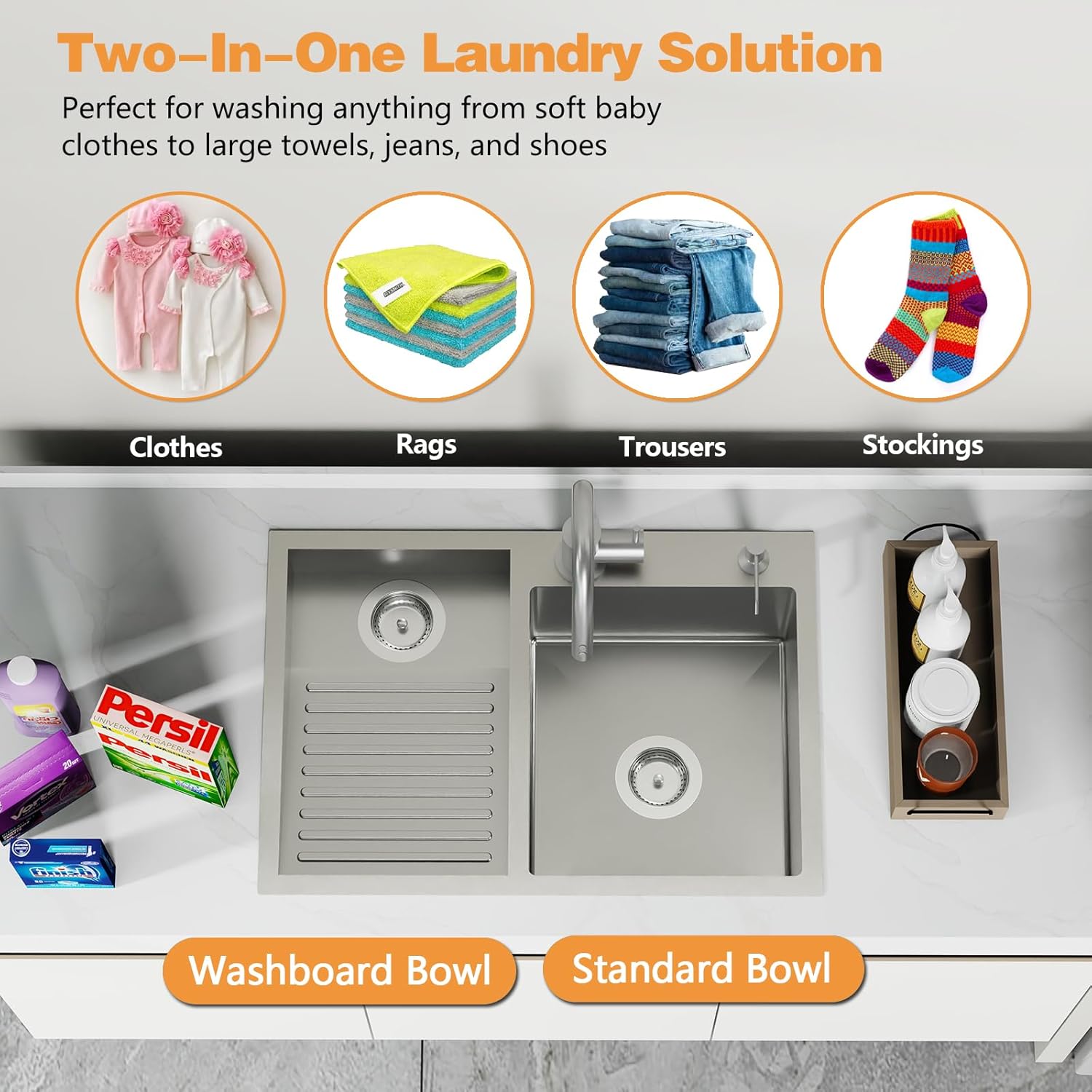 Stainless Steel Laundry Sink With Washboard-27.5 x 18.9 Inch Laundry Drop In Double Bowl Topmount Sink Come With Faucet And Drain Assembly Dedicate Washboard Zone Add Convenience To Any Laundry Room