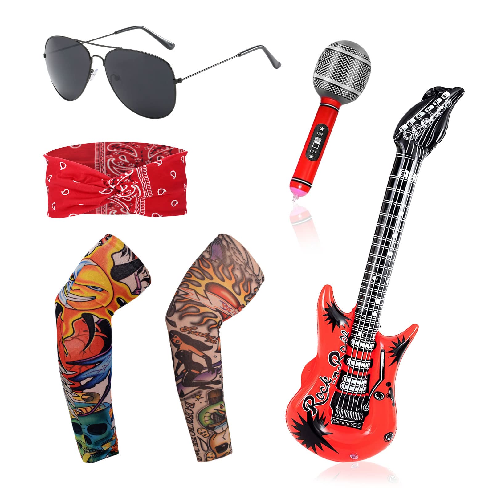 TSHAOUN 6 Pcs Punk Rocker Party Kit, Gothic Kit, 70s 80s 90s Disco Costume Accessories, Inflatable Microphone