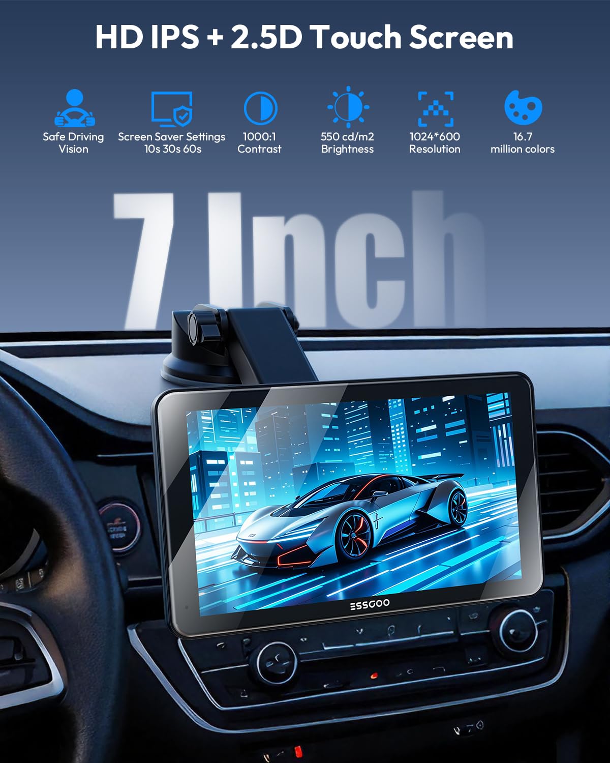 ESSGOO Schermo CarPlay portatile da 7 pollici e wireless Android Auto | Supporta GPS, Siri e Google Assistant, radio FM, con telecamera posteriore, adatto per più veicoli