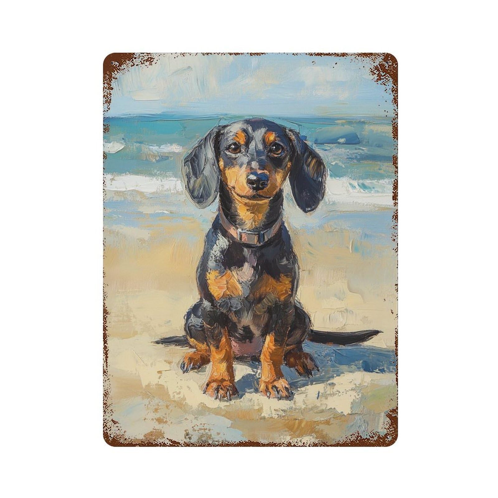 Beach Dachshund Painting Distressed Metal Wall Sign 15.7"x11.8", for Basement, Hobby Room And Garage Decor, Shabby Chic Decor