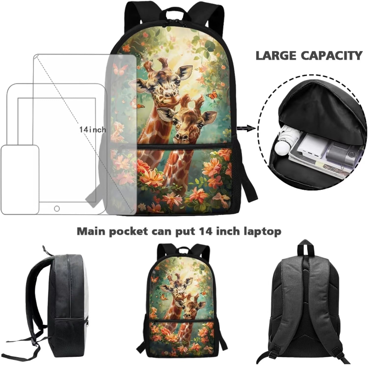 Retro Floral Giraffe Butterfly Print Schoolbag Set Large Capacity Bookbag Lunch Box Pencil Case Girls 17 Inch Travel Backpacks Rucksack Daypack with Adjustable Straps