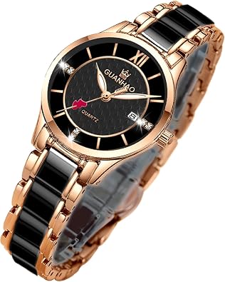 GUANHAO Ceramic Watches for Women, Fashion Ladies Watch Elegant Dress Womens Wristwatches with Diamond Accented Waterproof Calendar Mineral Glass