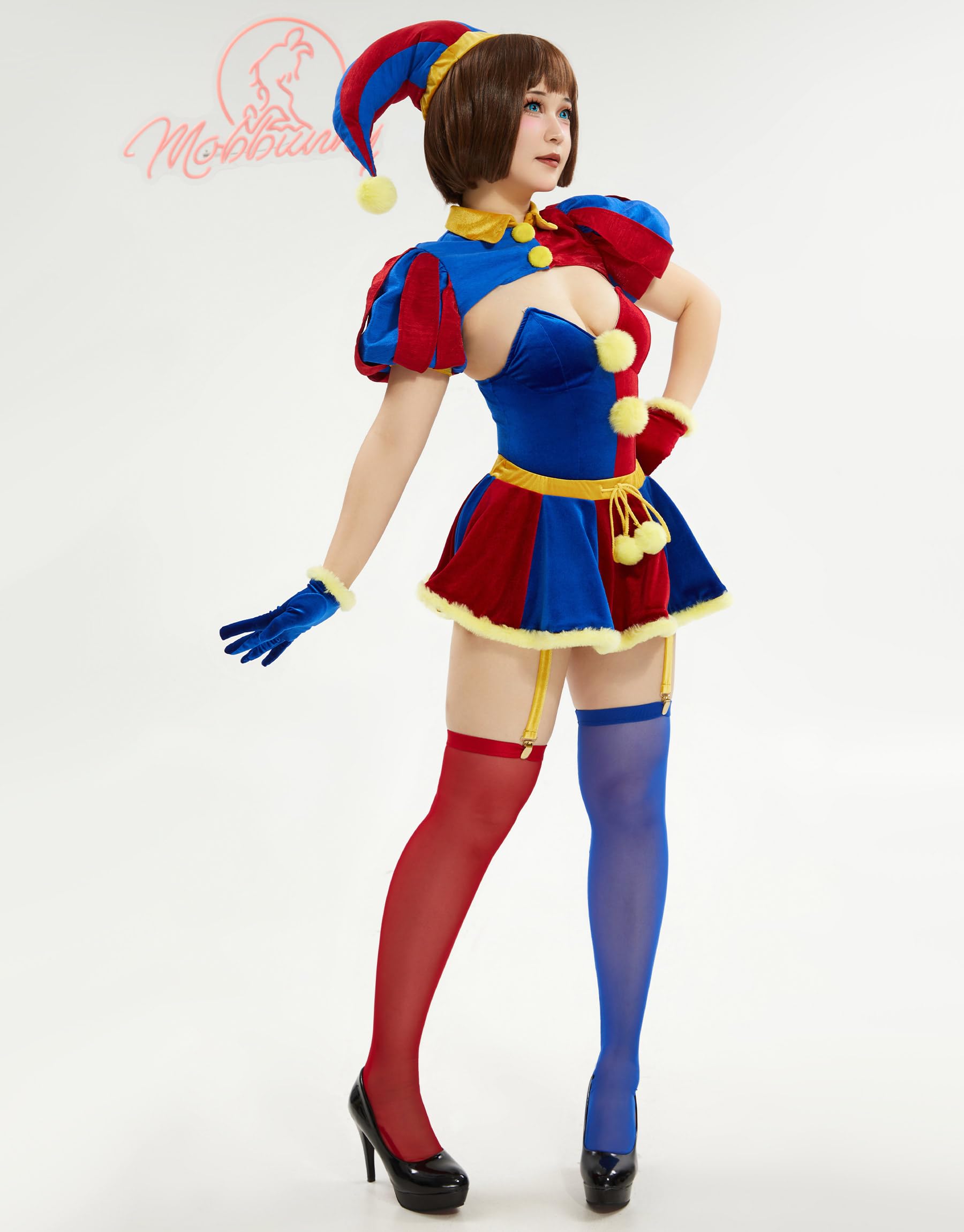 Mobbunny Women's Clown Cosplay Costume Circus Clown Bodysuit Blue Red Bodysuit and Mini Skirt with Gloves and Hat