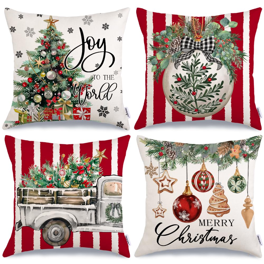 GEEORY Merry Christmas Throw Pillow Covers 18x18 Inch Set of 4 Xmas Tree Truck Balls Joy to The