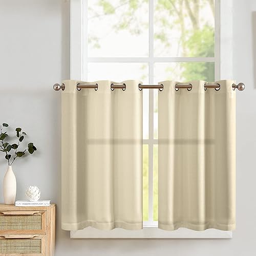 Lazzzy Semi Sheer Kitchen Curtains 36 Inch Length Linen Textured Tier Curtains Farmhouse Cafe Curtains Light Filtering Drapes Nursery Window Curtain Set for Living Room Bathroom Grommet 2 Panels Beige