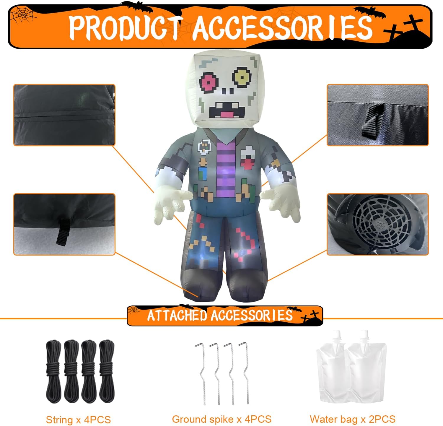 LANGXUN 8ft Pixel Zombie 2025 Halloween Inflatable Decoration - Giant Blow-Up Outdoor Indoor Cute Skeleton Ghost Yard Decor with LED Lights for Lawn, Garden, Patio Party Display