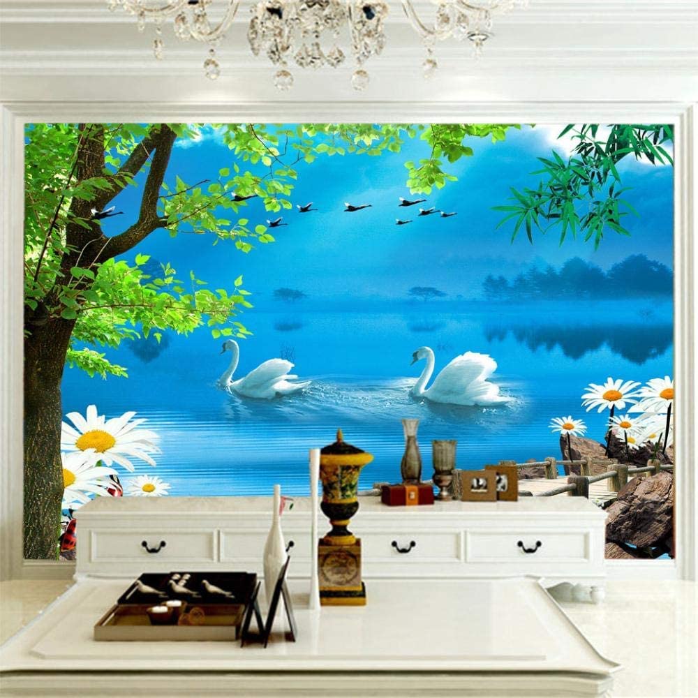 Papel Pintado Mural, 3D Pareja De Cisnes En El Lago Papel Pintado Autoadhesivo Peel And Stick Para Sala De Estar, Dormitorio, Tv, Fondo, Oficina, Restaurante, Habitación, Póst 350(ancho)x256(alto)cm