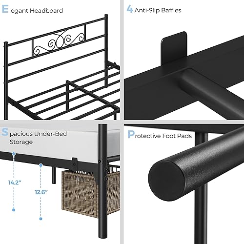 Miniatura 4 de Topeakmart Base de cama de metal clásico negro de 13 pulgadas con cabecero, base de colchón, plataforma de cama, base de cama con listones, tamaño