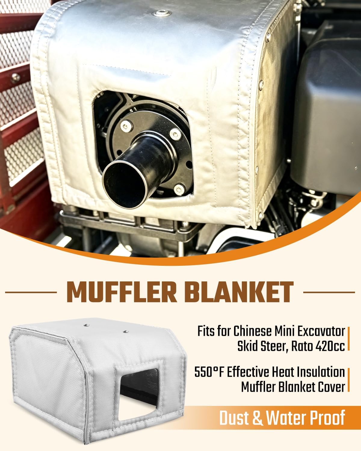 Muffler Blanket Fit for Chinese Mini Excavator 1-2 Ton, Skid Steer Loader and Rato 420cc Engine. 550°F Heat Shield Exhaust Insulation Cover, Water Dust Oil proof