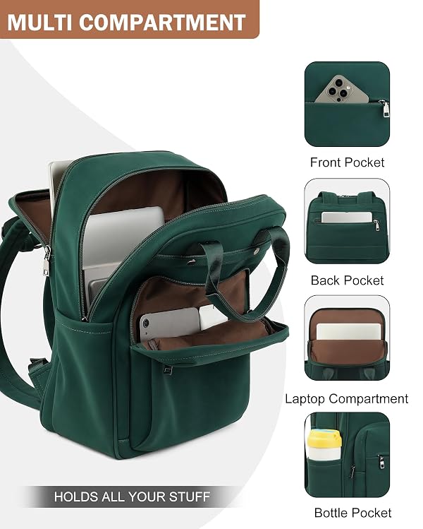 MASINTOR Leather Laptop Backpack for Women, Stylish Computer Backpack College Business Work Shoulder Bags Work and Travel Retro Green by MASINTOR - Image 4