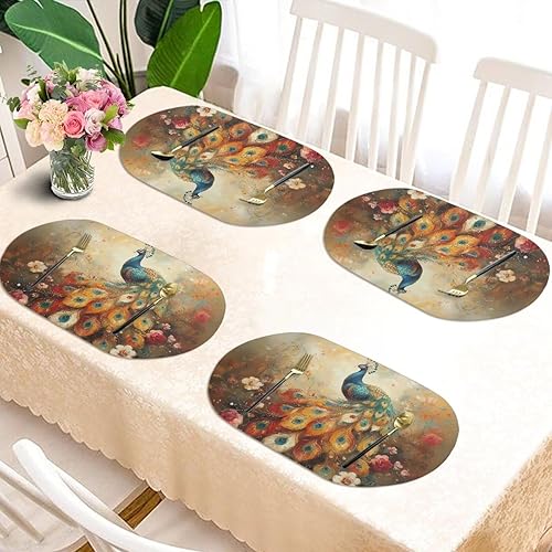 Miniatura 75 de Heat Resistant Placemats Oval Placemats Set of 6 Leather Washable and Wipeable Non Slip Place Mats, Waterproof Modern Dining Table Mats, Oval Floral