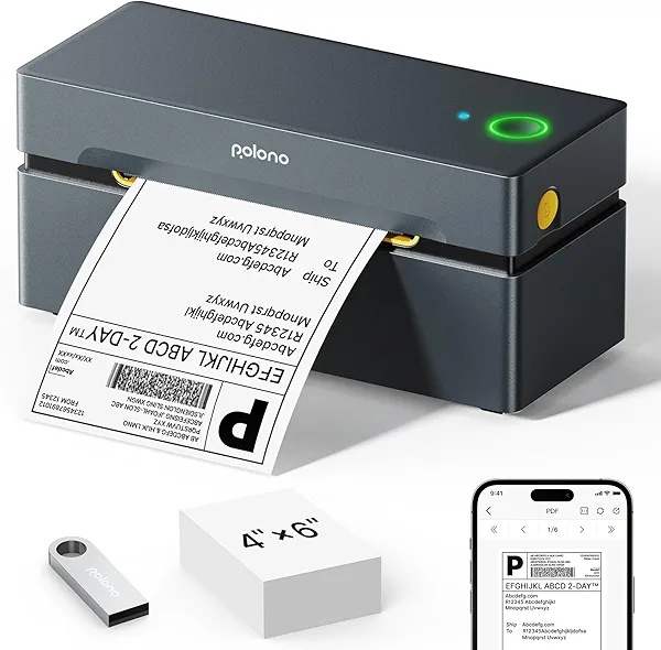 POLONO Bluetooth Thermal Shipping Label Printer, Wireless 4x6 Shipping Label Printer for Small Business, Support iOS, Android, Windows, Mac. Compatible with Amazon, Ebay, Shopify, Etsy, USPS
