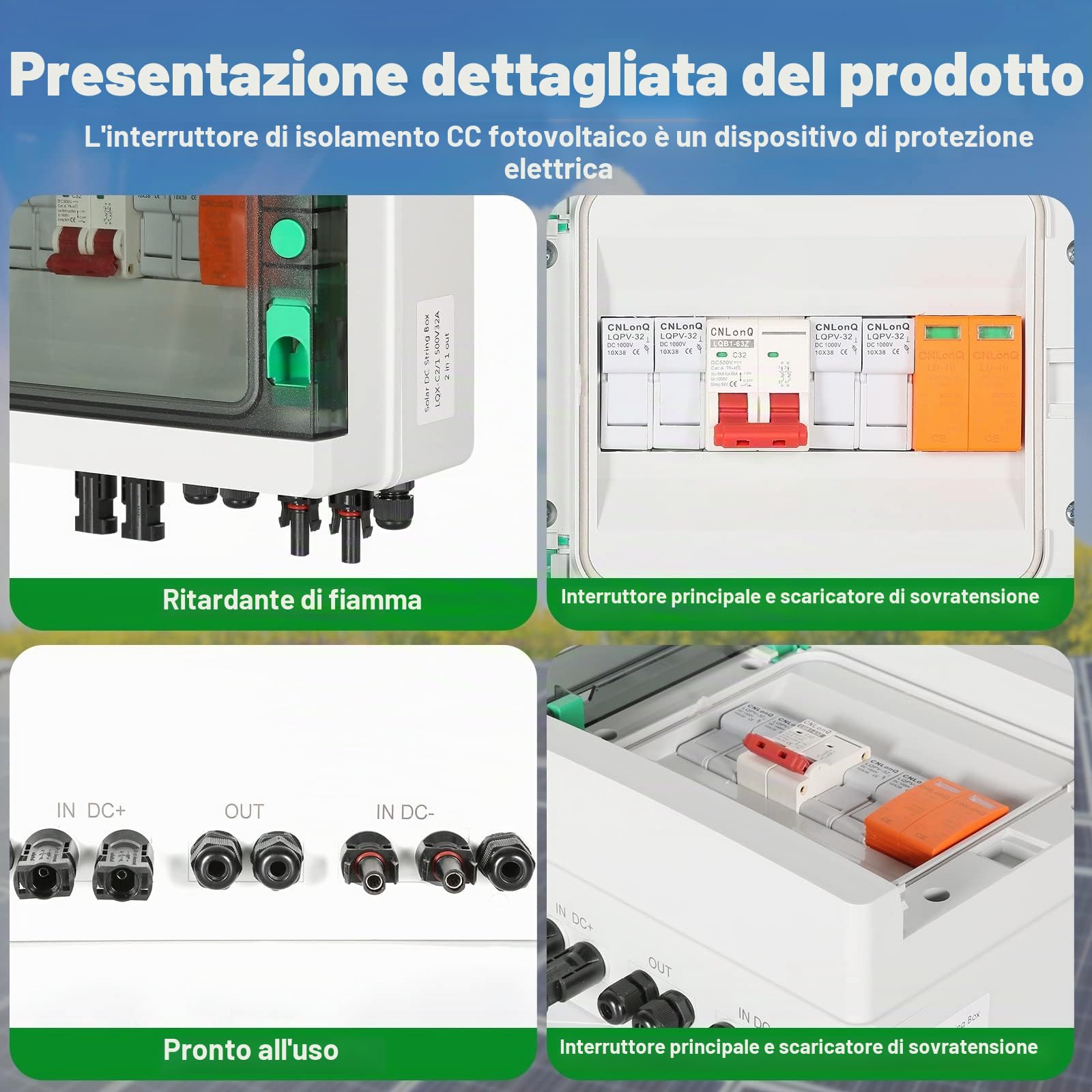 BuyWeek Solare Fotovoltaico Combiner Box, 500V 32A Interruttore Isolatore CC Solare, Scaricatore di Sovratensione, Impermeabile IP65, per Sistema di Energia Solare Fotovoltaico (2 in 1 out)