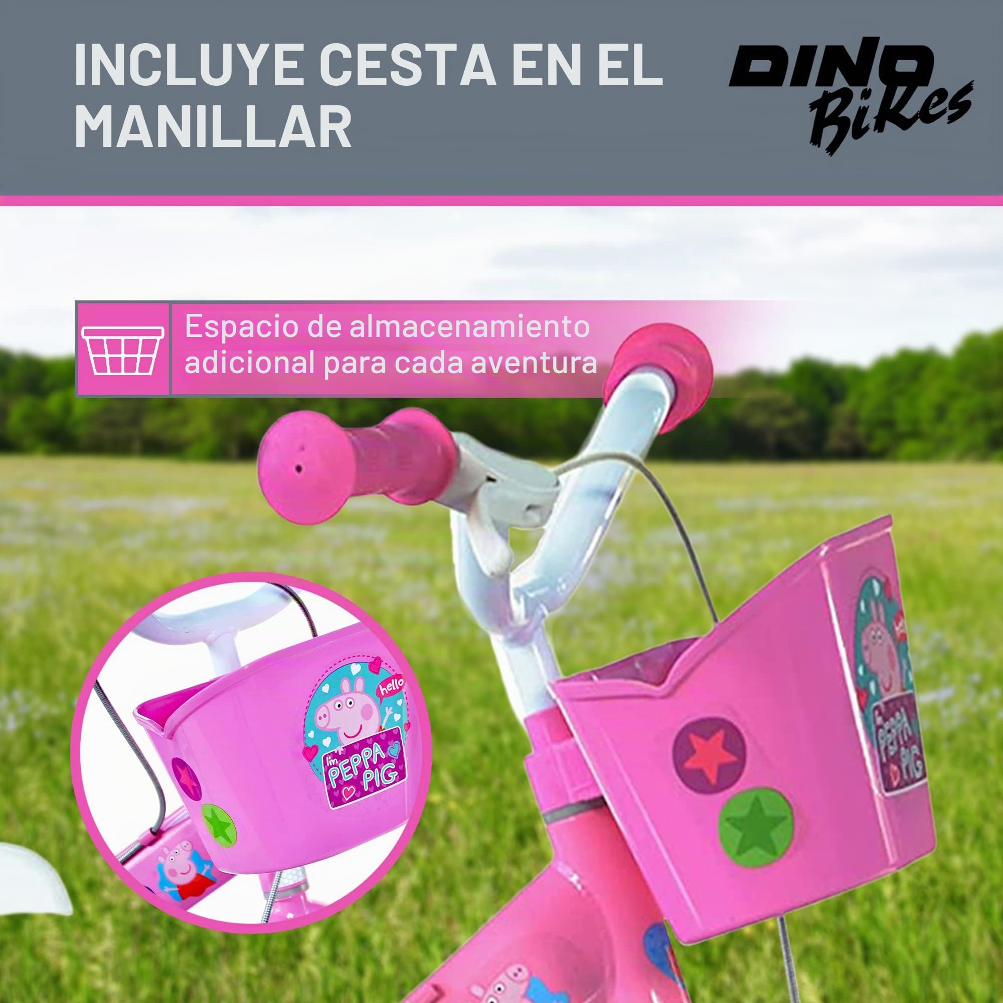 Dino Bikes – Bicicleta Infantil de 12 Pulgadas Peppa Pig – Bicicleta para niña con estabilizadores Desmontables a Partir de 2 años – Bicicleta Infantil con Cesta Frontal y portamuñecas – Sillín