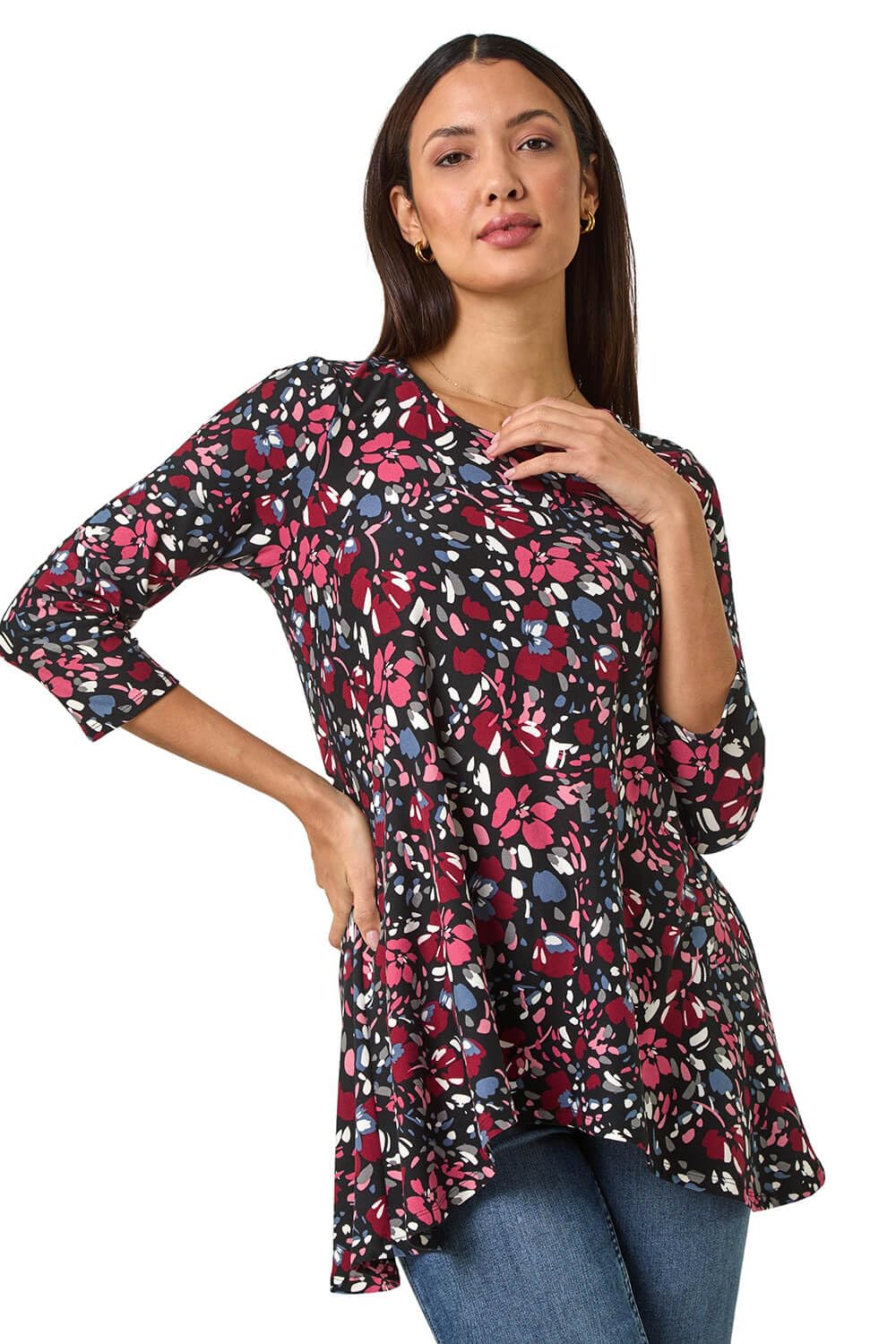 Roman Women's Pink Floral Print Swing Stretch Tunic Top In | : Size 12