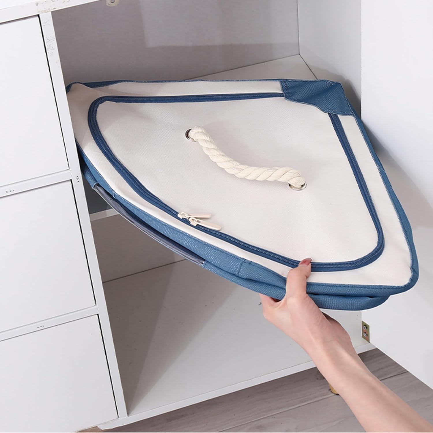 2PCS Corner Baskets Triangle Storage, Fan Shaped Storage Box with Lid and Handle, Foldable Storage Bins, Waterproof Oxford Cube Boxes, Large Capacity Storage Container for Bedroom Office(Navy-L)