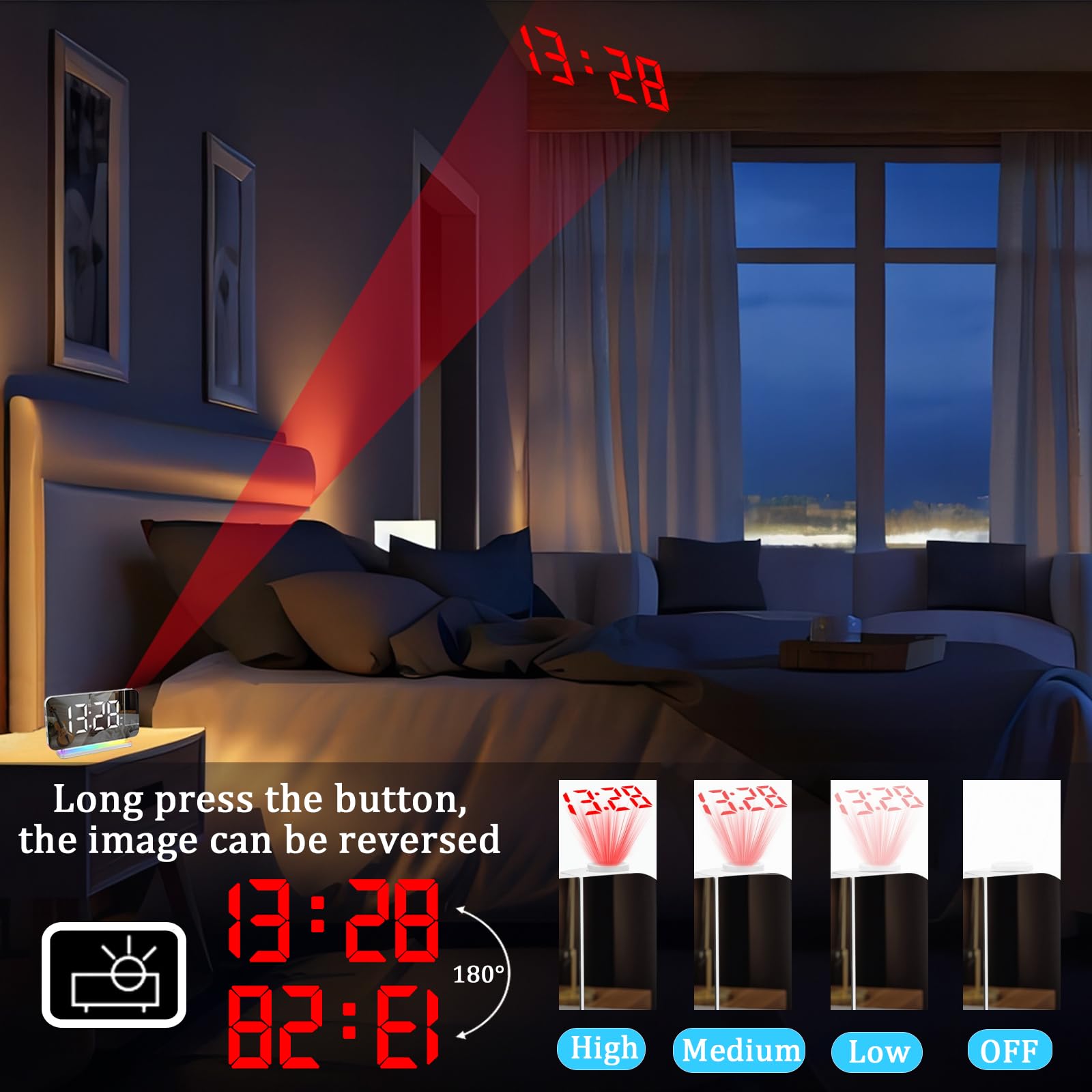 Radiosveglia Digitale con Proiezione e FM 6 Livelli Luminosità Schermo 4 Proiezione Snooze