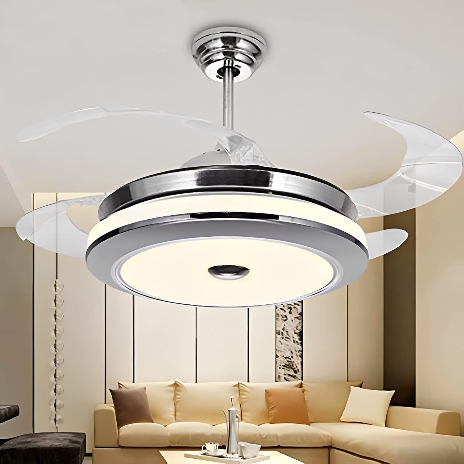 Modern 36inch Ceiling Fan with Light and Remote Control Retractable ABS Blade LED Three-Color Light Invisible Chandelier Fan for Living Room/Bedroom/Restaurant