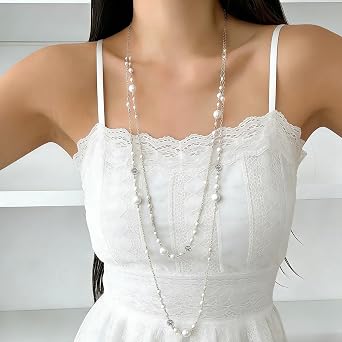 Long Silver Necklaces for Women, Costume Jewellery for Women Dainty Beaded Pearl Layered, Long Double Chain Ladies Silver Necklace Costume Jewellery Gifts for Mum