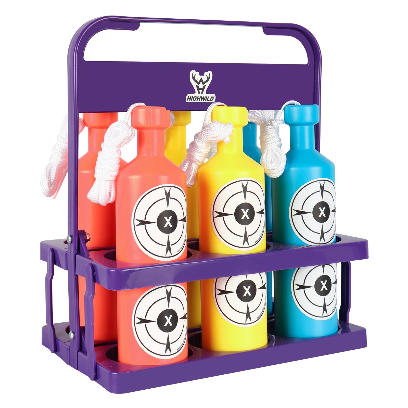 Highwild Plastic Bottle Targets for Shooting - 6 Neon Bottles with Hanging Rope - Includes Foldable Storage Rack - Ideal for Indoor and Outdoor Training