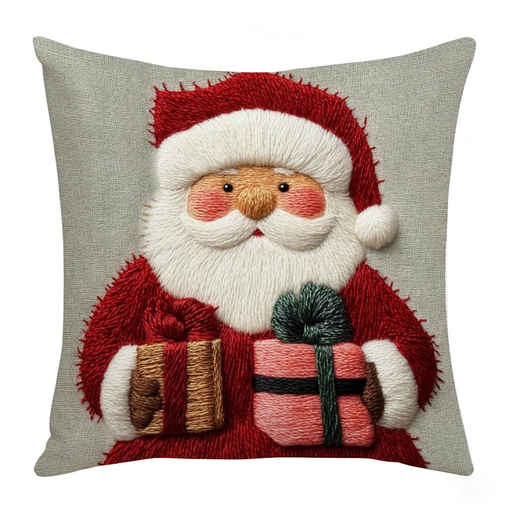Kouamor A 4 Styles Christmas Cushion Covers 45 X 45, Linen Xmas Pillow Cases, Sant Snowman Deer Throw Pillow Covers, Christmas Sof Cushions, For Christm Decorations Home Party Bedroom Living Room (A)