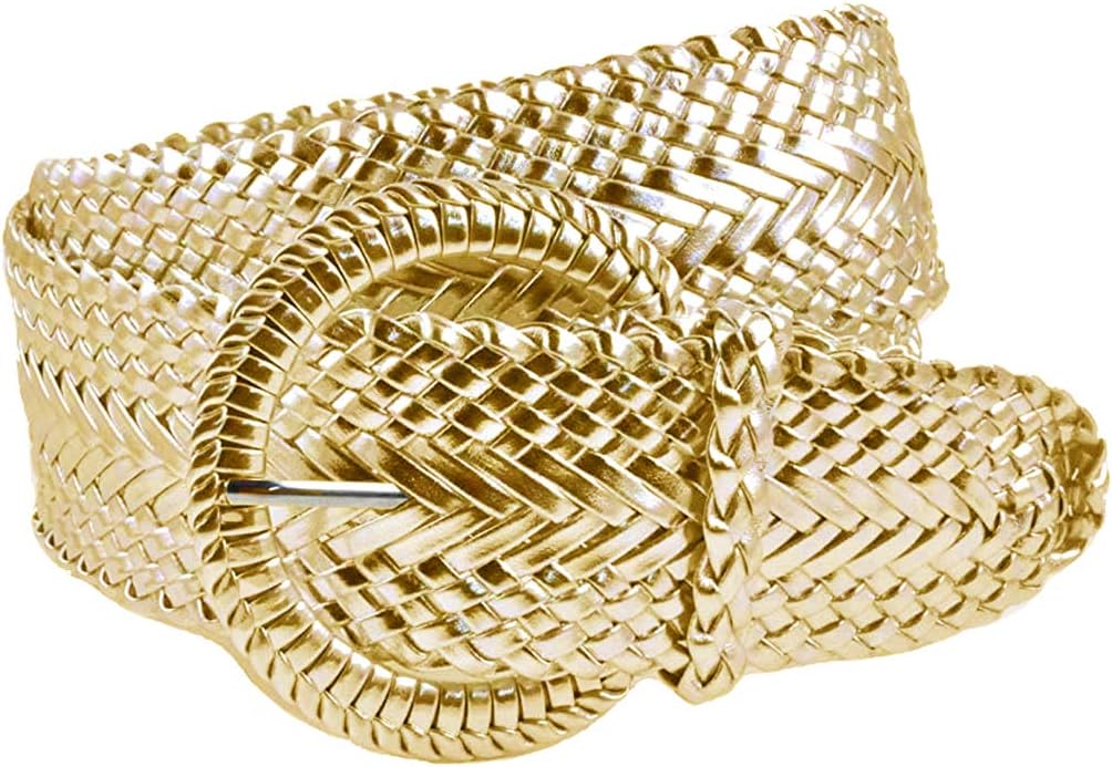 Women's Fashion Web Woven Braid Faux Leather Metallic Wide Belt