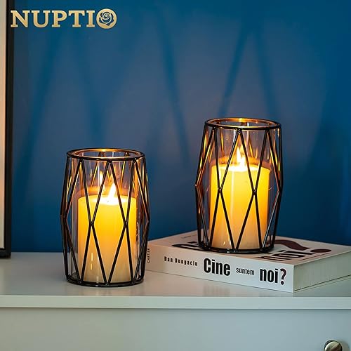 Miniatura 5 de Nuptio Portavelas de Pilar Negros - Portavelas de Vidrio con Soporte de Rejilla Metálica Geométrica para Centros de Mesa de Bodas, Fiestas