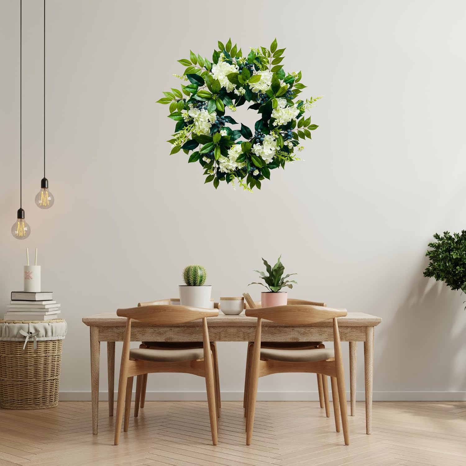 22 Inch Lighted Hydrangea Wreath with Timer for All Season 20 Lights Steady & Flashing Modes Artificial Hydrangea Flower Blueberry and Eucalyptus Leaves for Outdoor Front Door Wall Window