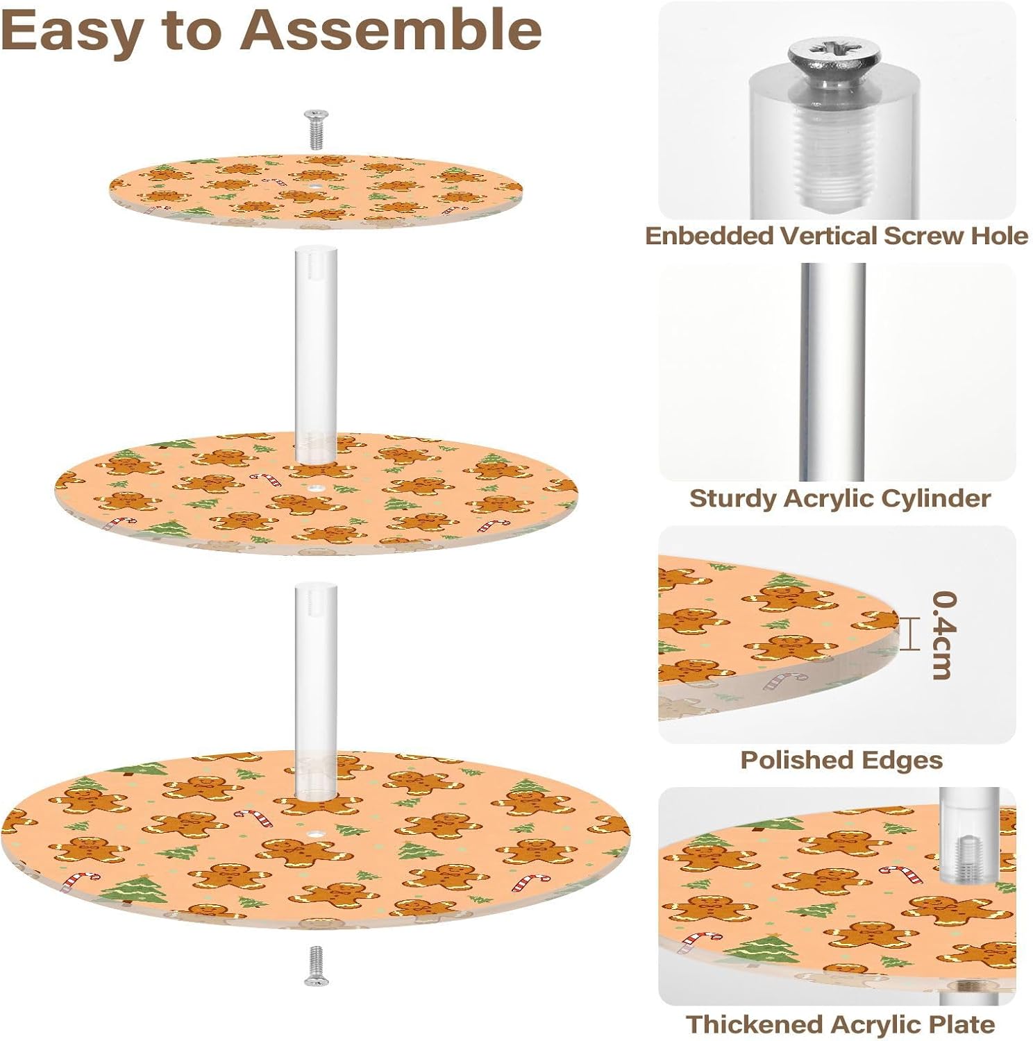 Gingerbread Christmas Tree Candy Cane Christmas 3 Tier Acrylic Cupcake Stand, Cupcake Stand for 34 Cupcakes for Weddings,Christmas,Holidays,Parties,Birthday,Printed Cupcake Tower 23302047