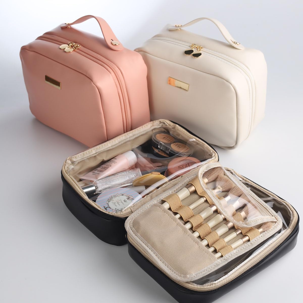 Portable Large Capacity Cosmetic Bag, Skincare Products, Makeup Brush Storage Bag, Double Layer Makeup Bag (White)