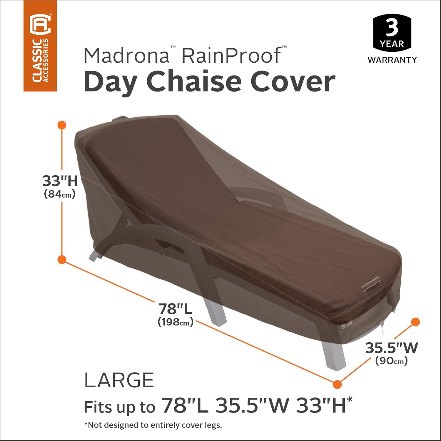 Classic Accessories Madrona Waterproof 78 Inch Patio Day Chaise Lounge Cover