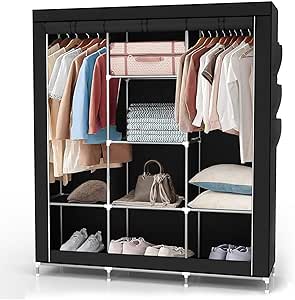 Faltschrank 130x175x45 cm in Raben SCHWARZ – mit Reißverschluss Stoffschrank Kleiderschrank mit Kleiderstange, Fächern und Seitentasche – Camping Steckschrank Textil Garderobe