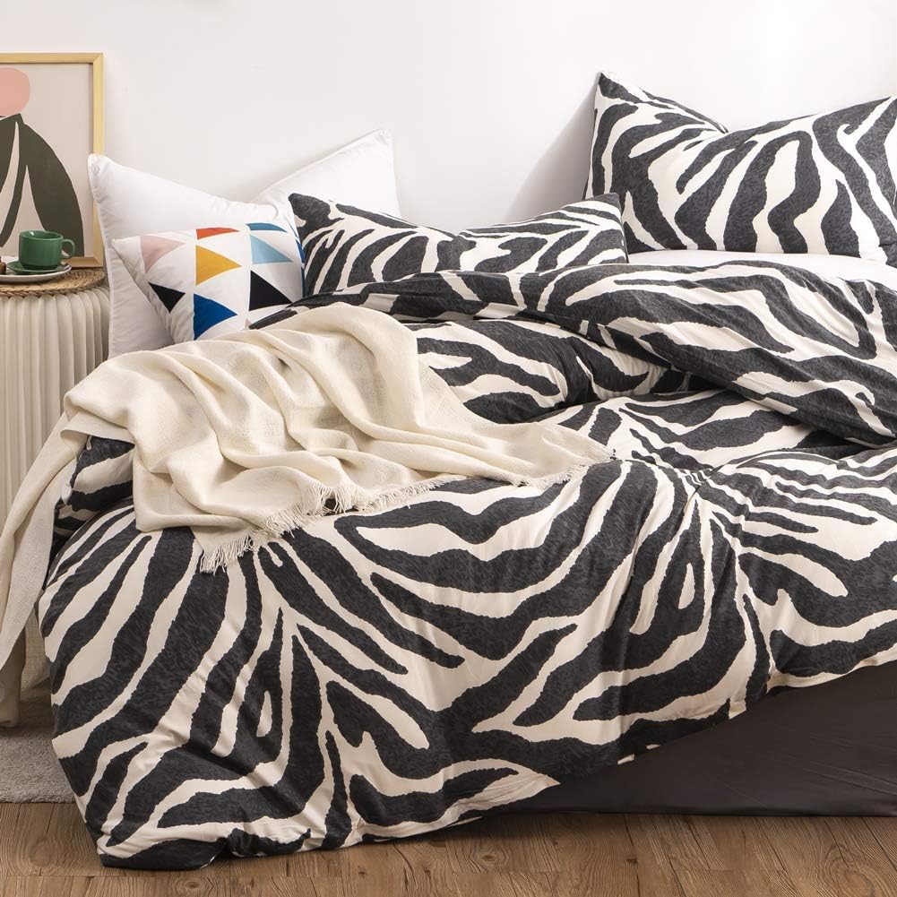 Zebra Duvet Cover Set Queen 100% Cotton Black and White Animal Print Bedding 1 Leopard Comforter Cover Full with Zipper Ties 2 Pillowcases for Kids Teens Boys Girls Women