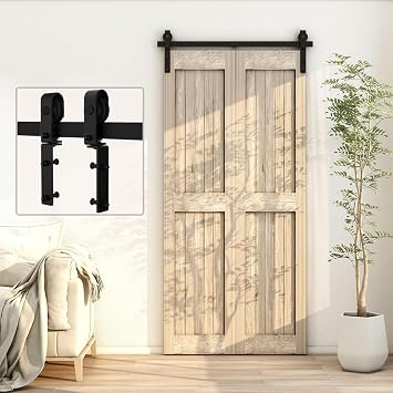 48"/4FT Bi-Folding Sliding Barn Door Hardware Kit for 2 Doors, Bi Fold Barn Door Hardware Fit Door Opening Width 42",Smoothly and Quietly,Easy to Install,No Door Panel J Shape Hanger