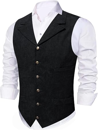 Barry.Wang Mens Corduroy Vest V-Neck Vintage Western Cowboy Waistcoat Sleeveless Jacket Slim Fit Casual Business Vests